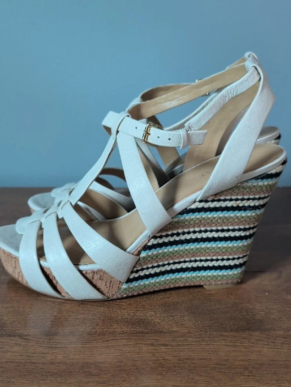 Nine West White Strappy Cork Wedge Sandals
